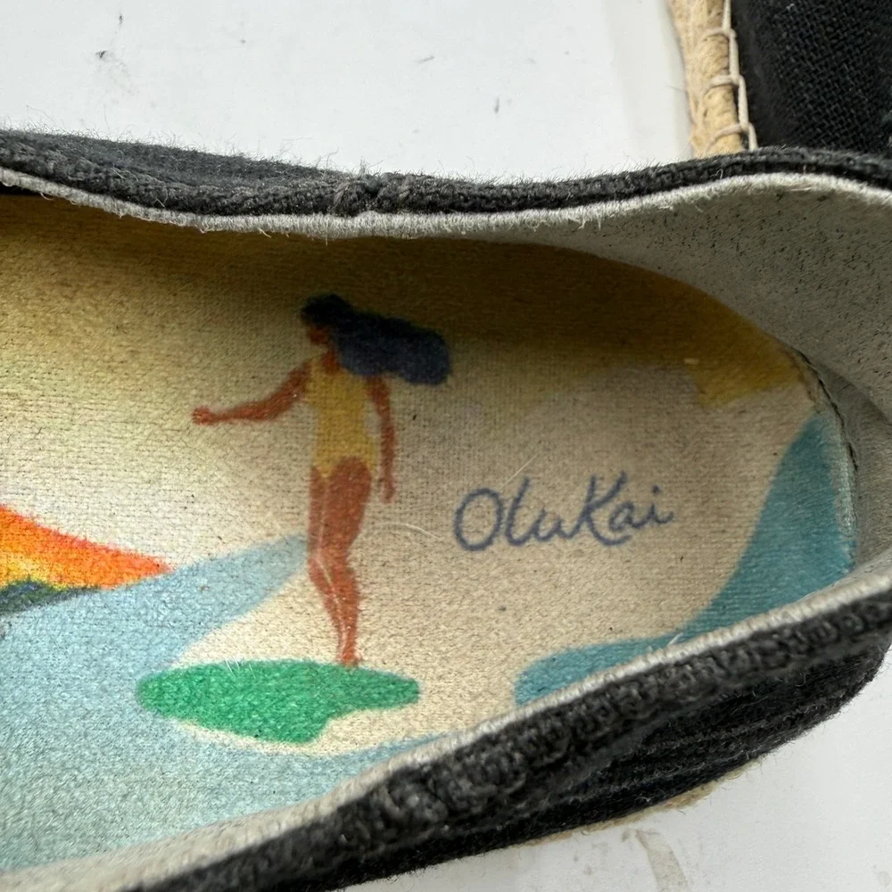 OluKai Espadrilles Kaula Pa'a Kapa Linen Drop-In Heel Black Womens 7.5